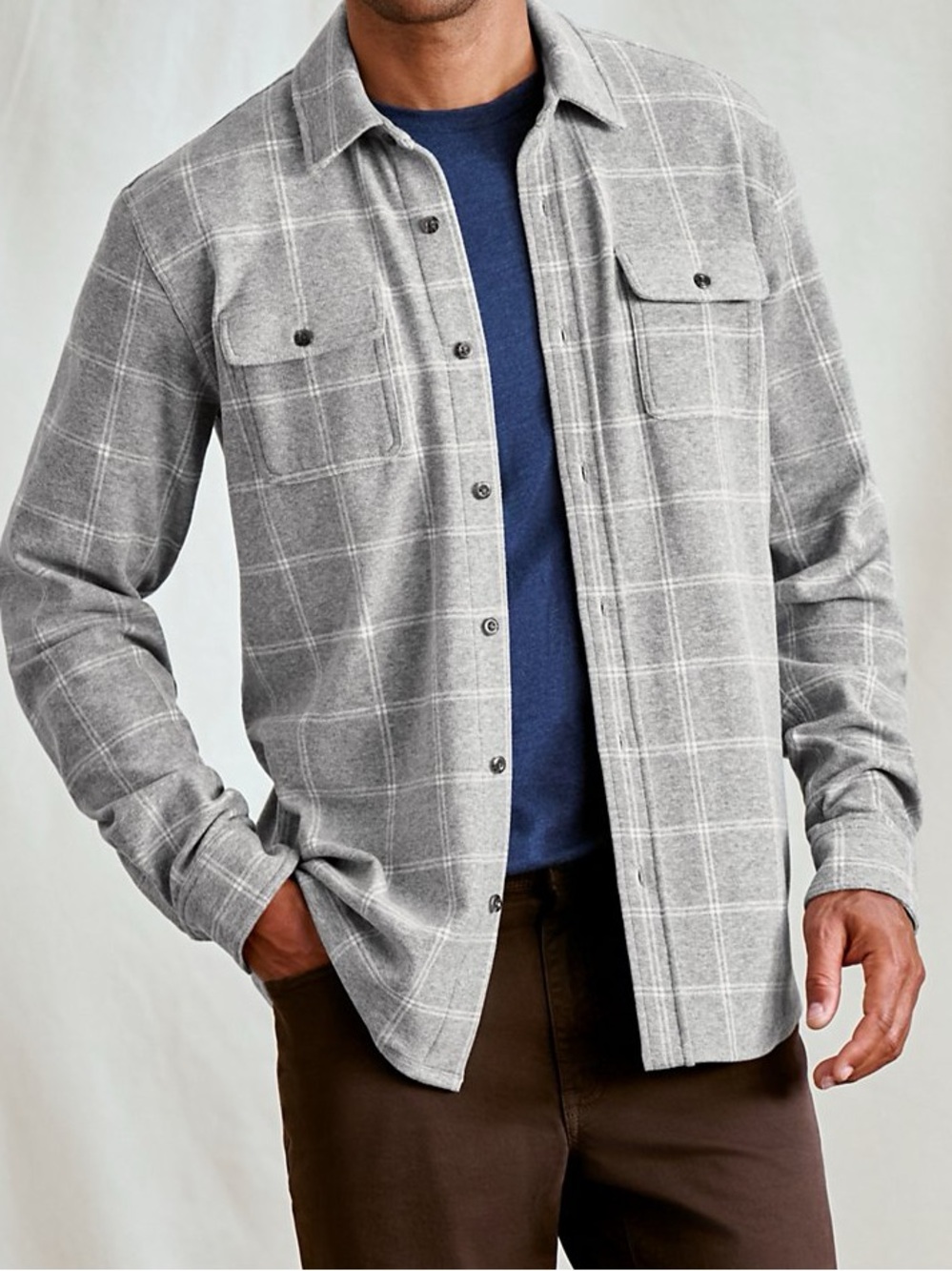 Orvis Men’s Snowy River Gray White Plaid Brushed Knit Shirt Jacket Soft Comfy